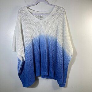 Womens J Jill Linen Blend Ombre Knit Poncho Sweater V‎ Neck Blue White OS
